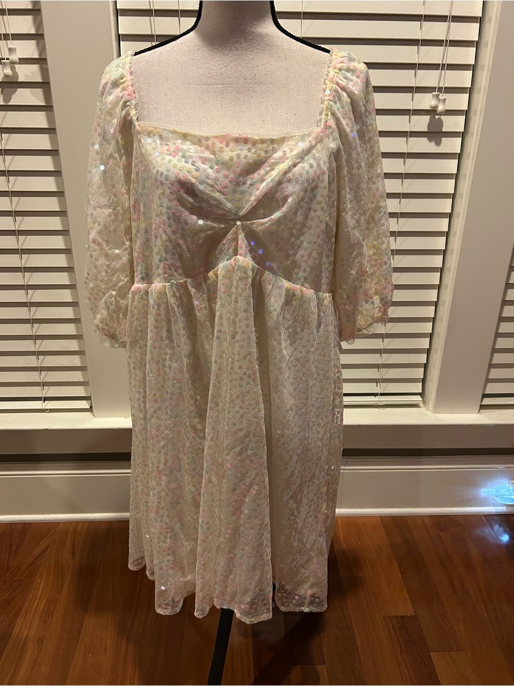 ARULA Pastel Sequin Floral Square Neck Midi Dress